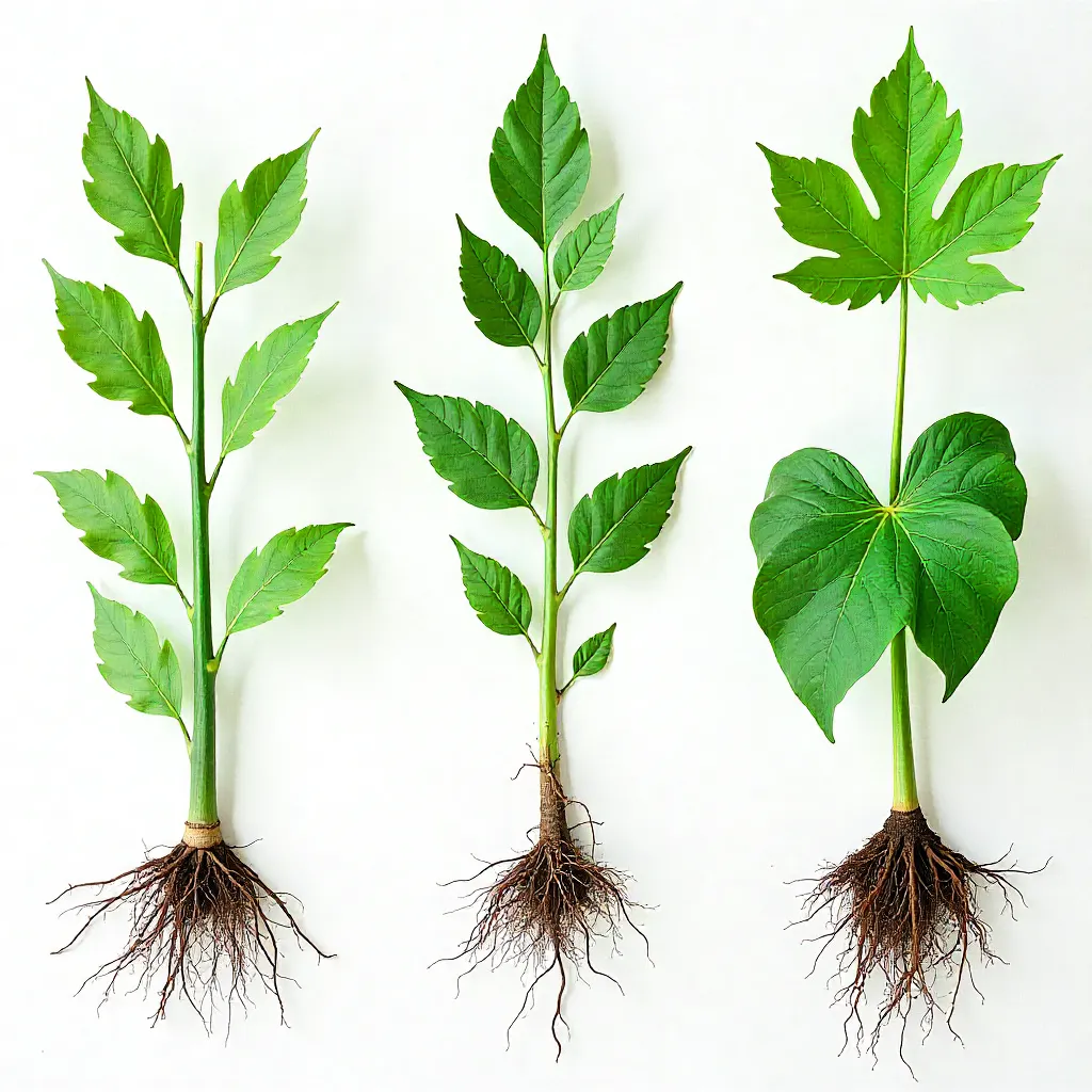Series of plants arranged showing different growth stages and varieties